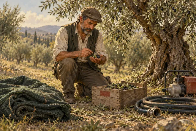 Illustration d’un cultivateur examinant une poignée d’olives près d’un arbre, avec un filet, une caisse et du matériel d’irrigation au sol.