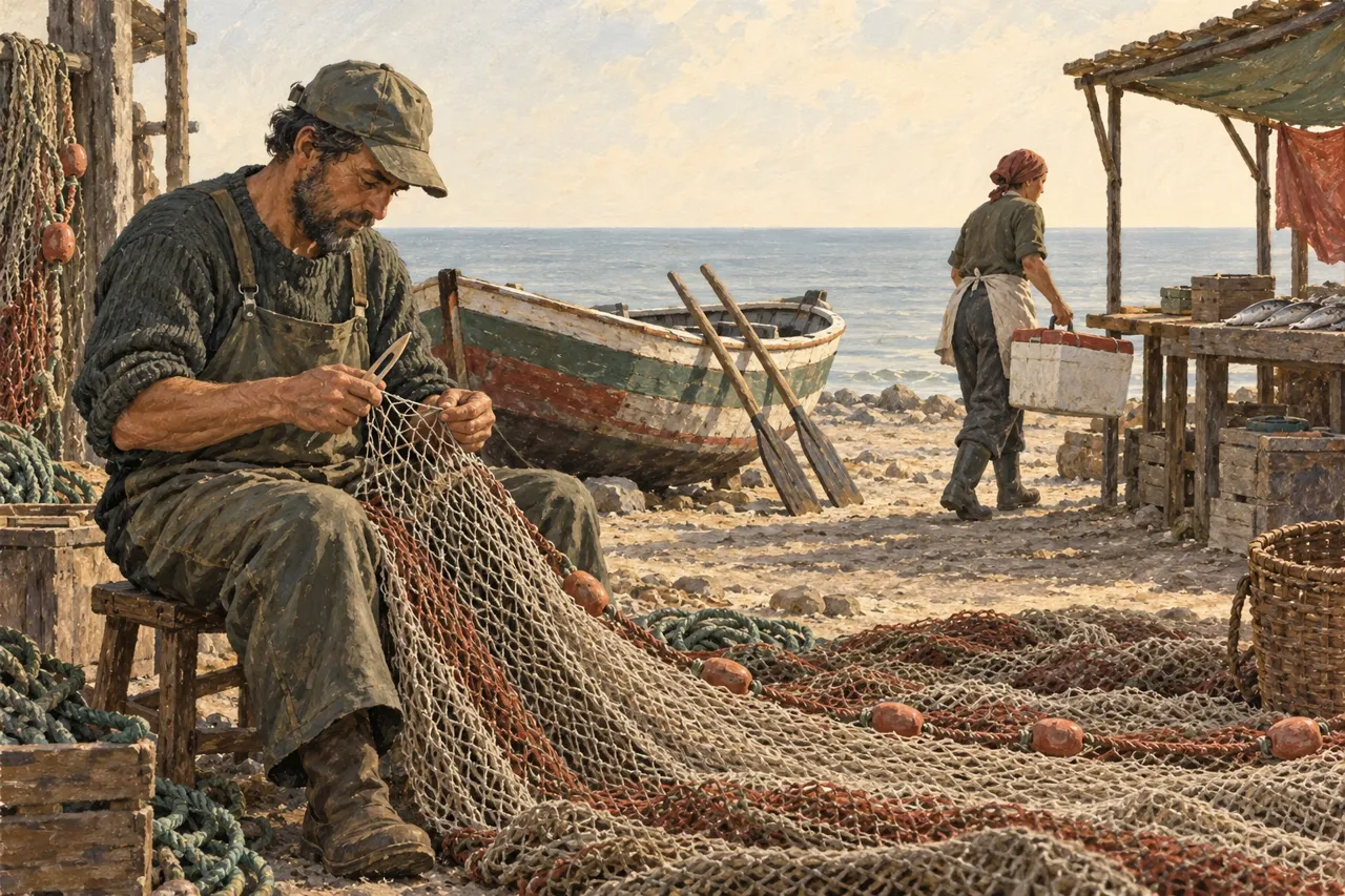 Illustration d’un pêcheur réparant un filet près d’une barque à rames, tandis qu’un autre adulte transporte un contenant isotherme vers un étal.