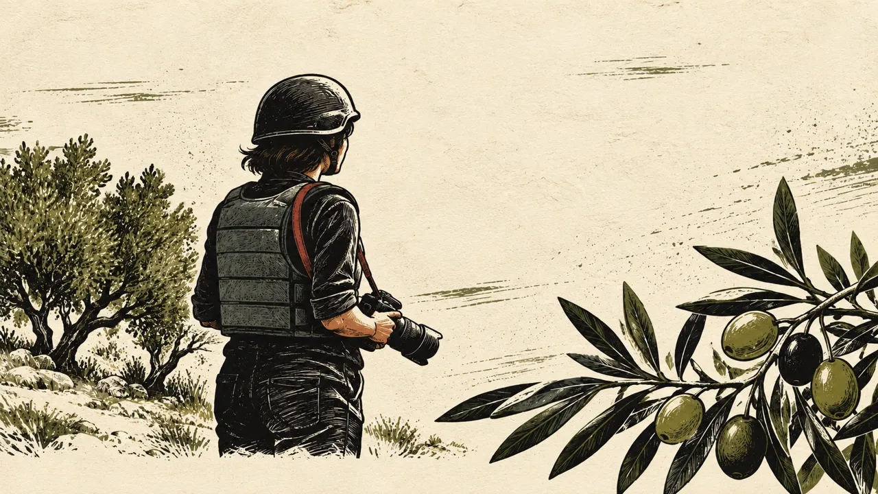 Illustration en linogravure d’une photojournaliste fictive de dos, avec casque et appareil photo, près d’un olivier et d’une branche chargée d’olives.