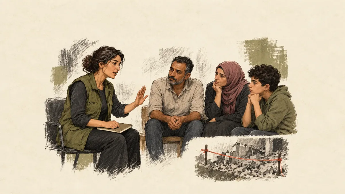 Illustration d’une intervenante échangeant avec trois personnes, accompagnée d’un dessin de gravats derrière un cordon rouge.