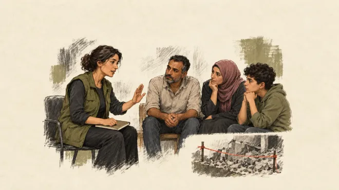 Illustration d’une intervenante échangeant avec trois personnes, accompagnée d’un dessin de gravats derrière un cordon rouge.