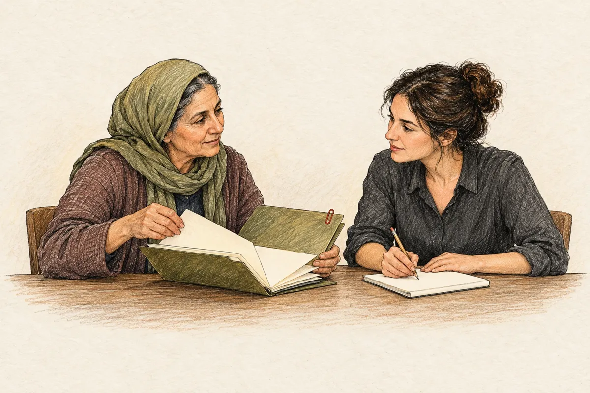 Illustration de deux femmes fictives échangeant autour d’un dossier ouvert et de feuilles sans inscription, à une table.