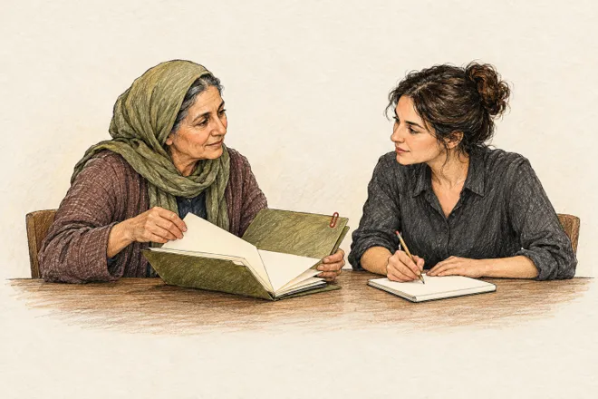 Illustration de deux femmes fictives échangeant autour d’un dossier ouvert et de feuilles sans inscription, à une table.