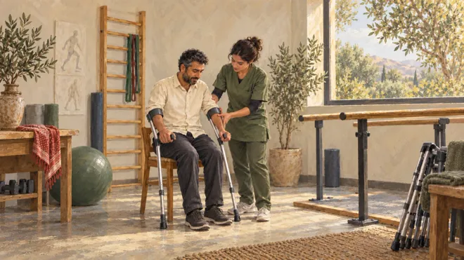 Illustration d’un homme assis avec des béquilles, accompagné par une professionnelle dans une salle de réadaptation.