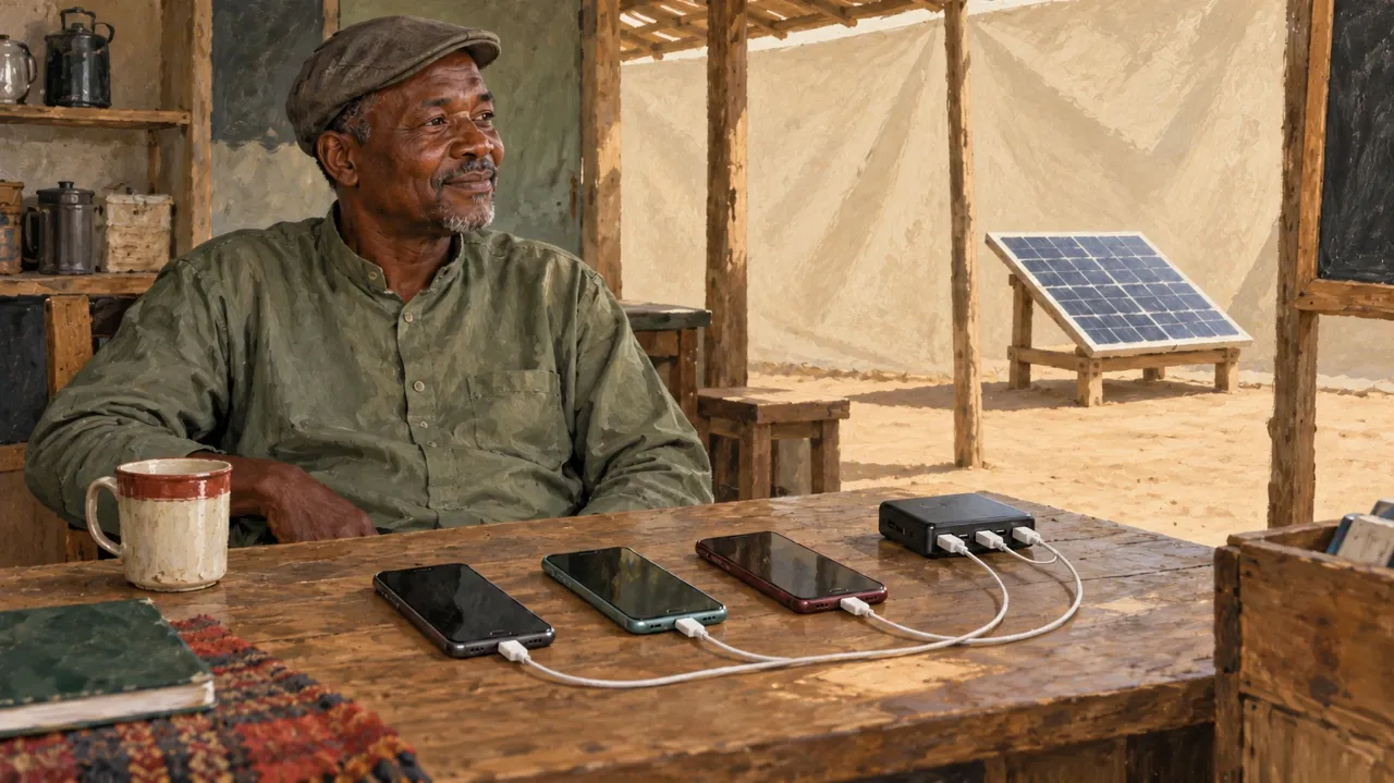 Illustration d’un adulte près de téléphones en recharge sur une table, avec un panneau solaire visible dans la lumière extérieure.