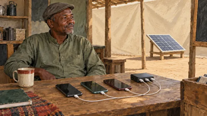 Illustration d’un adulte près de téléphones en recharge sur une table, avec un panneau solaire visible dans la lumière extérieure.