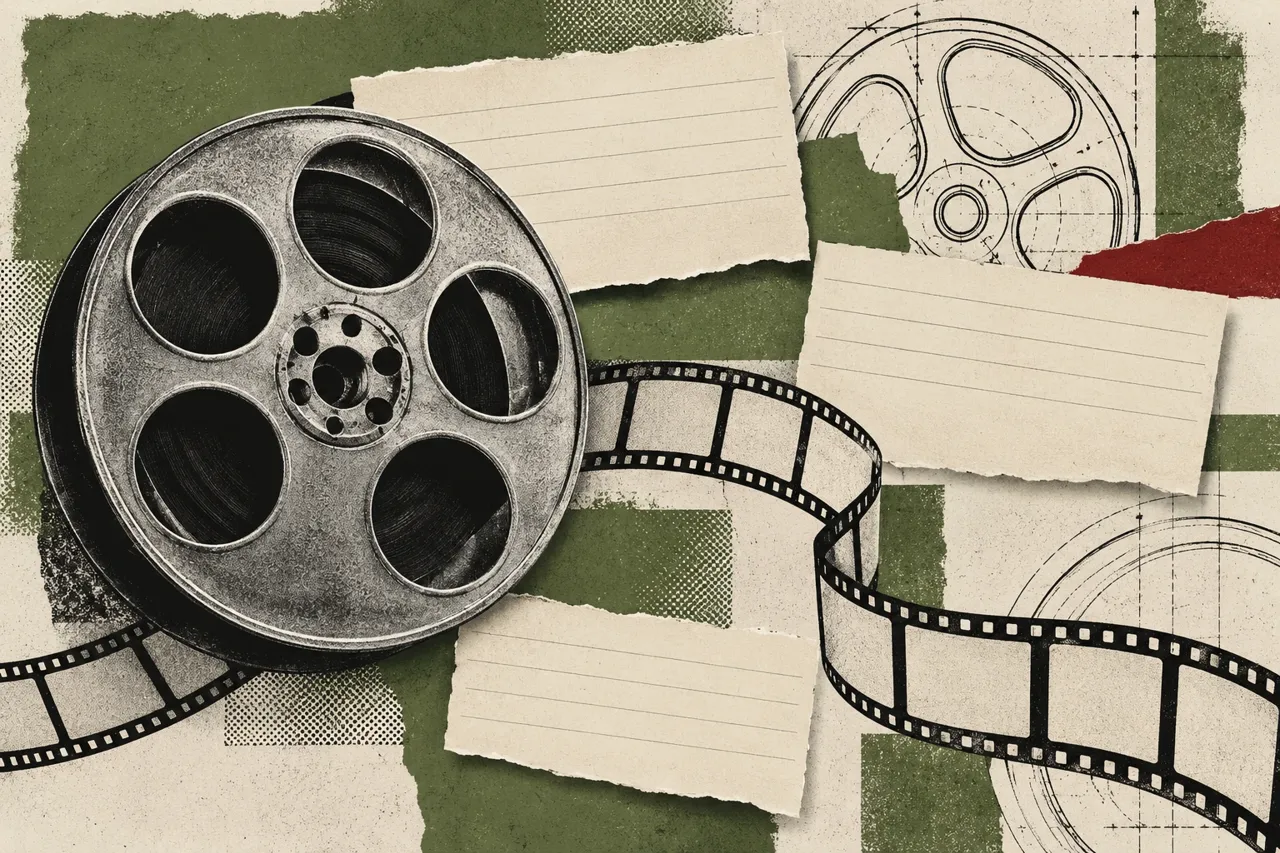 Collage d’une bobine fictive, de bandes de film aux cases vides, de cartes vierges et de dessins techniques au trait.