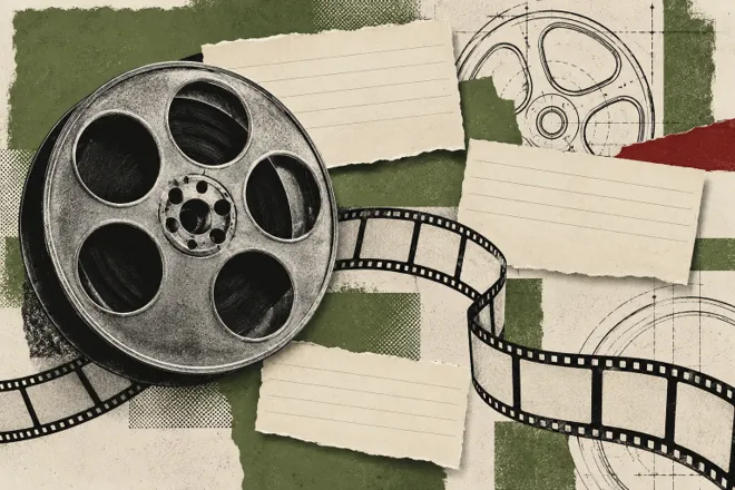 Collage d’une bobine fictive, de bandes de film aux cases vides, de cartes vierges et de dessins techniques au trait.