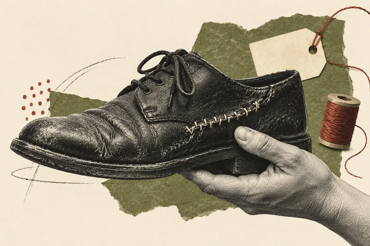 Collage illustré d’une chaussure usée dont la couture est soulignée au trait, tenue par une main adulte fictive.