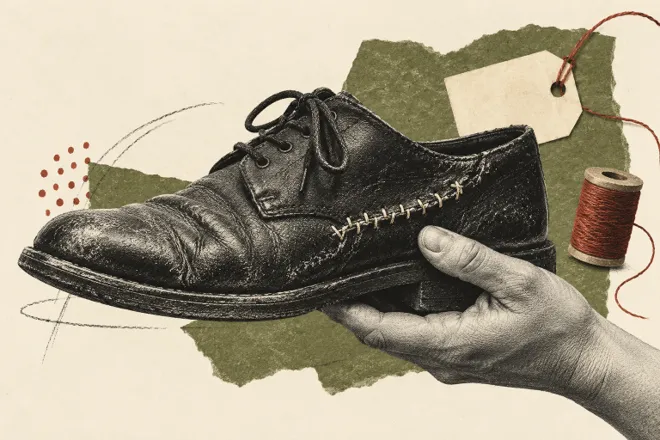 Collage illustré d’une chaussure usée dont la couture est soulignée au trait, tenue par une main adulte fictive.