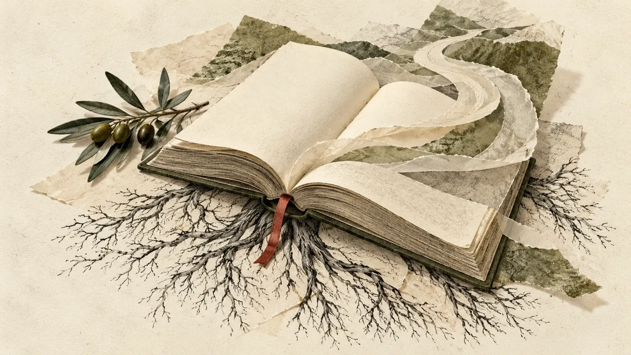 Illustration d’un livre ouvert aux pages prolongées par des chemins de papier, avec des racines dessinées et une branche d’olivier.