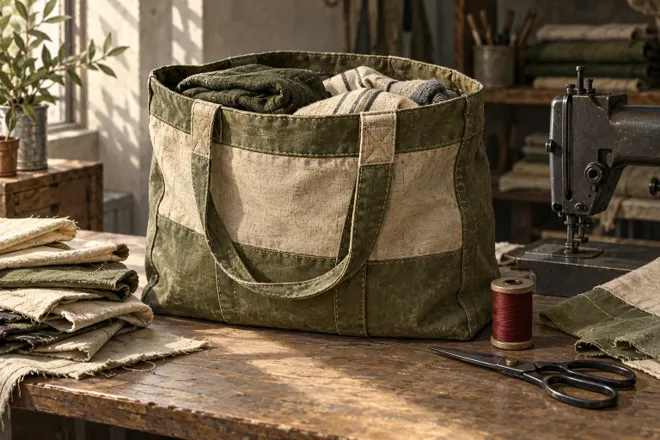 Illustration d’un sac en toile contenant des vêtements pliés, près de morceaux de tissu et d’une machine à coudre.