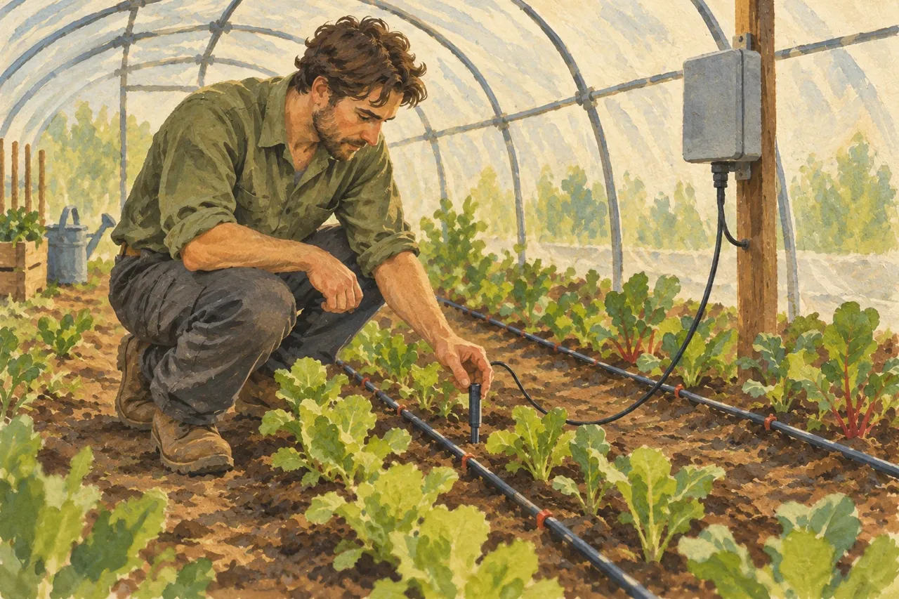 Illustration d’un cultivateur inspectant une sonde près de jeunes plants et d’un tuyau d’irrigation dans une serre fictive.