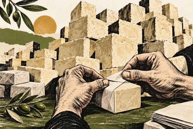 Dessin au trait de mains emballant un savon, devant une pile de savons aux proportions exagérées et des rameaux d’olivier.