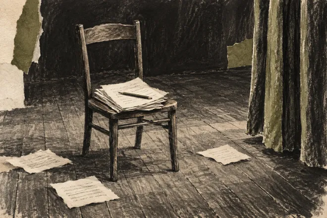 Dessin au fusain d’une scène fictive, avec des pages manuscrites et un crayon sur une chaise en bois.