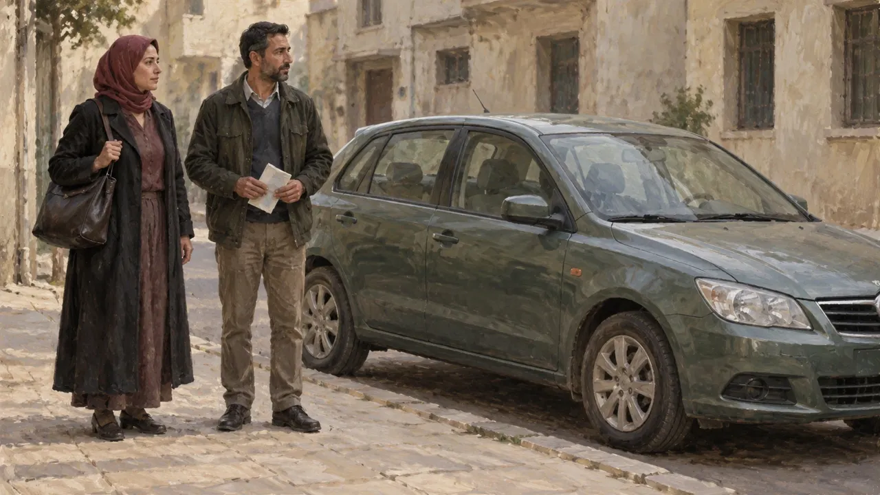 Illustration de deux adultes attendant près d’une voiture à l’arrêt, dans une rue fictive aux façades neutres.