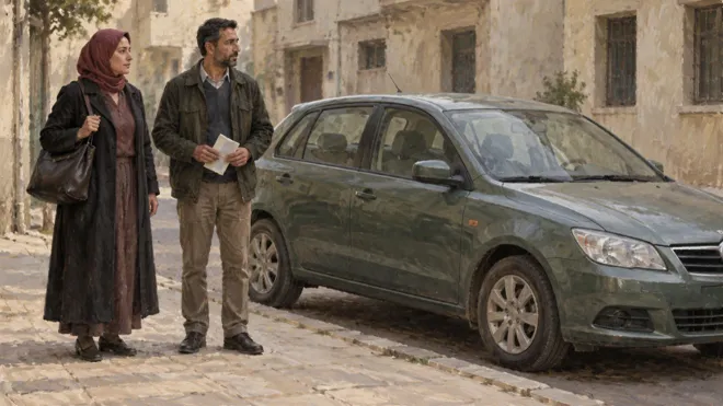 Illustration de deux adultes attendant près d’une voiture à l’arrêt, dans une rue fictive aux façades neutres.