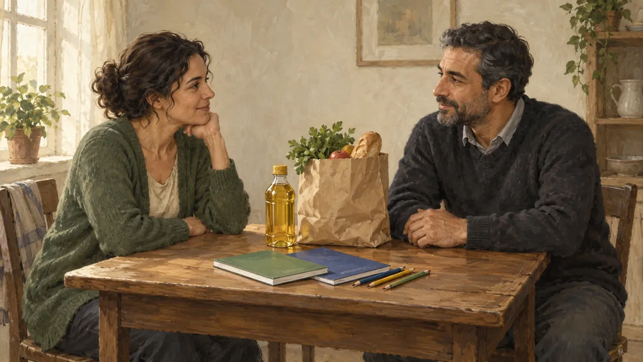 Illustration de deux adultes autour d’une table avec une bouteille d’huile, des cahiers et un petit sac de provisions.