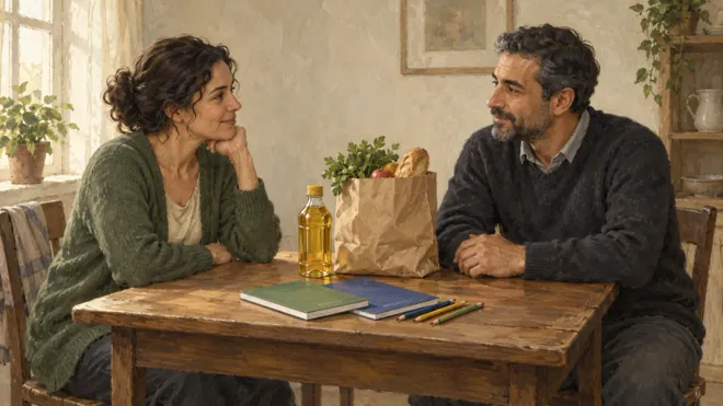 Illustration de deux adultes autour d’une table avec une bouteille d’huile, des cahiers et un petit sac de provisions.