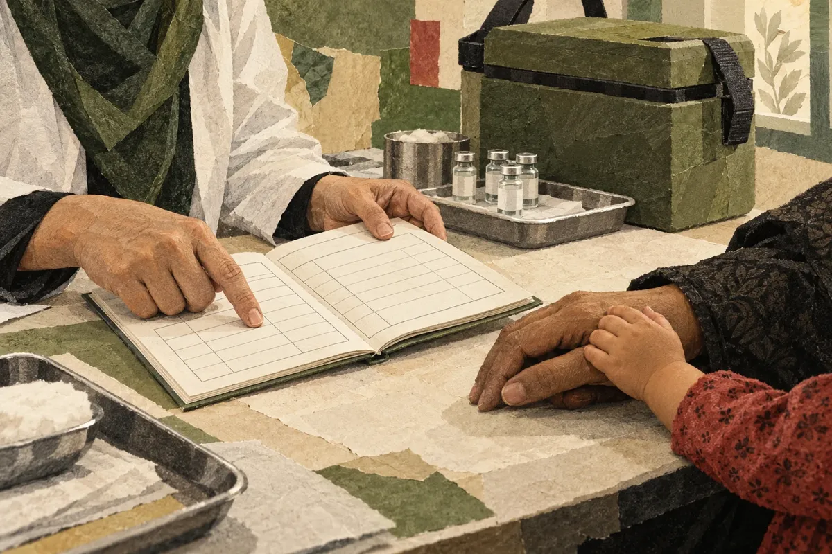 Illustration : des mains consultent un carnet de vaccination, près d’une famille et d’une glacière médicale.