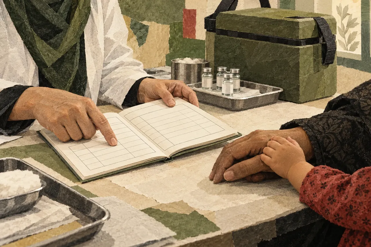 Illustration : des mains consultent un carnet de vaccination, près d’une famille et d’une glacière médicale.