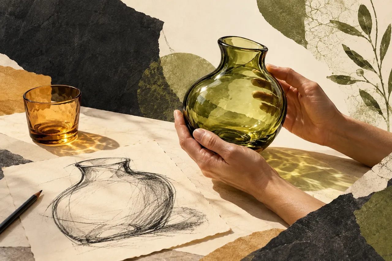 Illustration en collage d’un vase en verre vert tenu entre deux mains, près d’un gobelet ambré et d’une esquisse au fusain.
