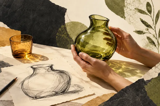 Illustration en collage d’un vase en verre vert tenu entre deux mains, près d’un gobelet ambré et d’une esquisse au fusain.
