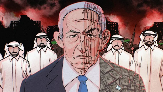 Illustration de la vignette Radio France : Netanyahou au centre, des billets et des personnages en arrière-plan.