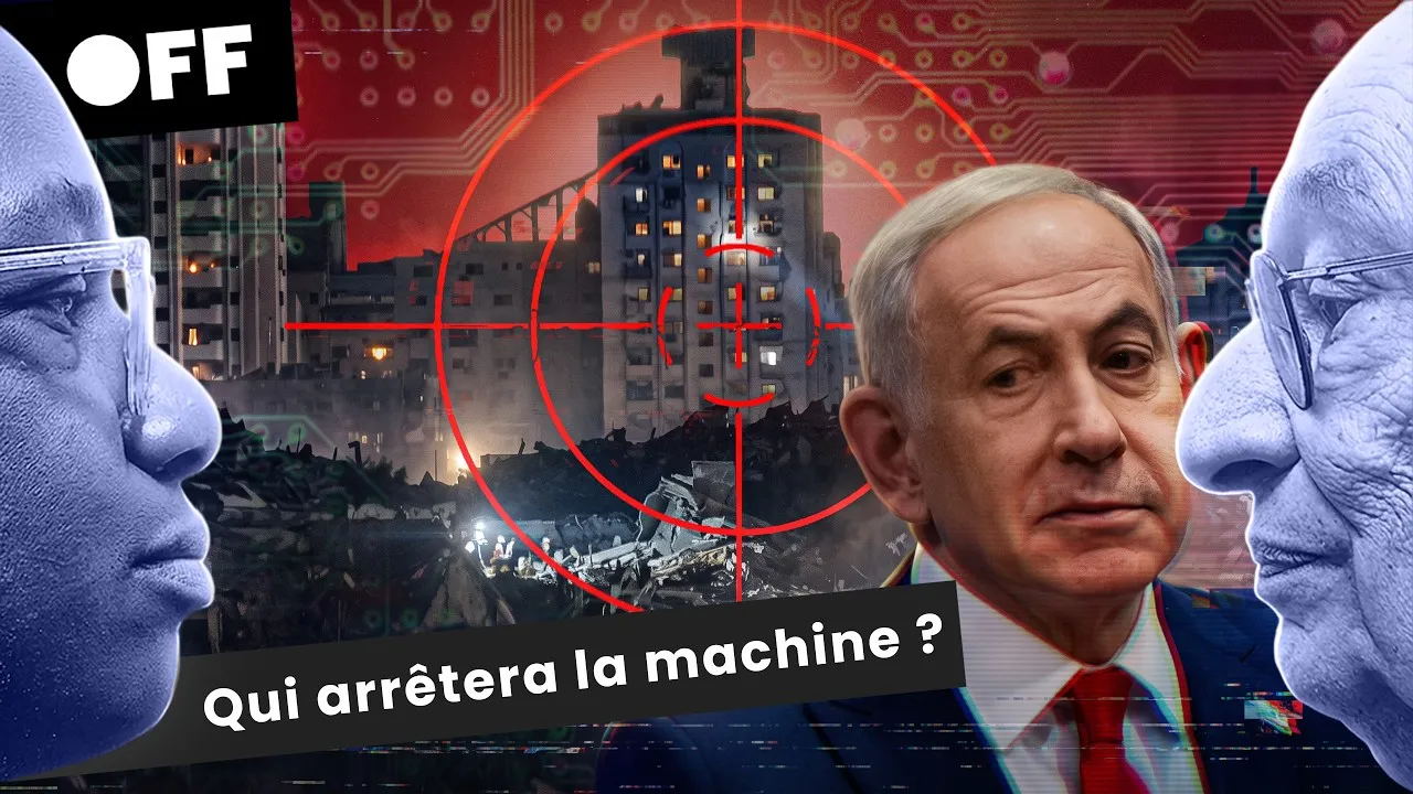 Montage de la vignette Off Investigation : des portraits, une cible sur des immeubles et la question « Qui arrêtera la machine ? ».