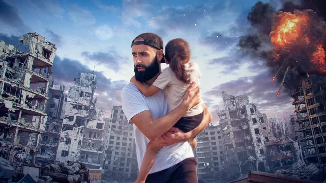 Montage de la vignette YouTube : un homme portant une enfant devant des immeubles détruits.